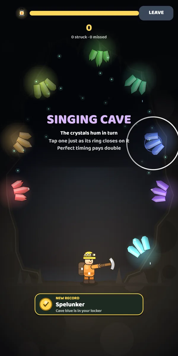 Singing Cave: a ring closes on a humming blue crystal, and you tap as it closes.