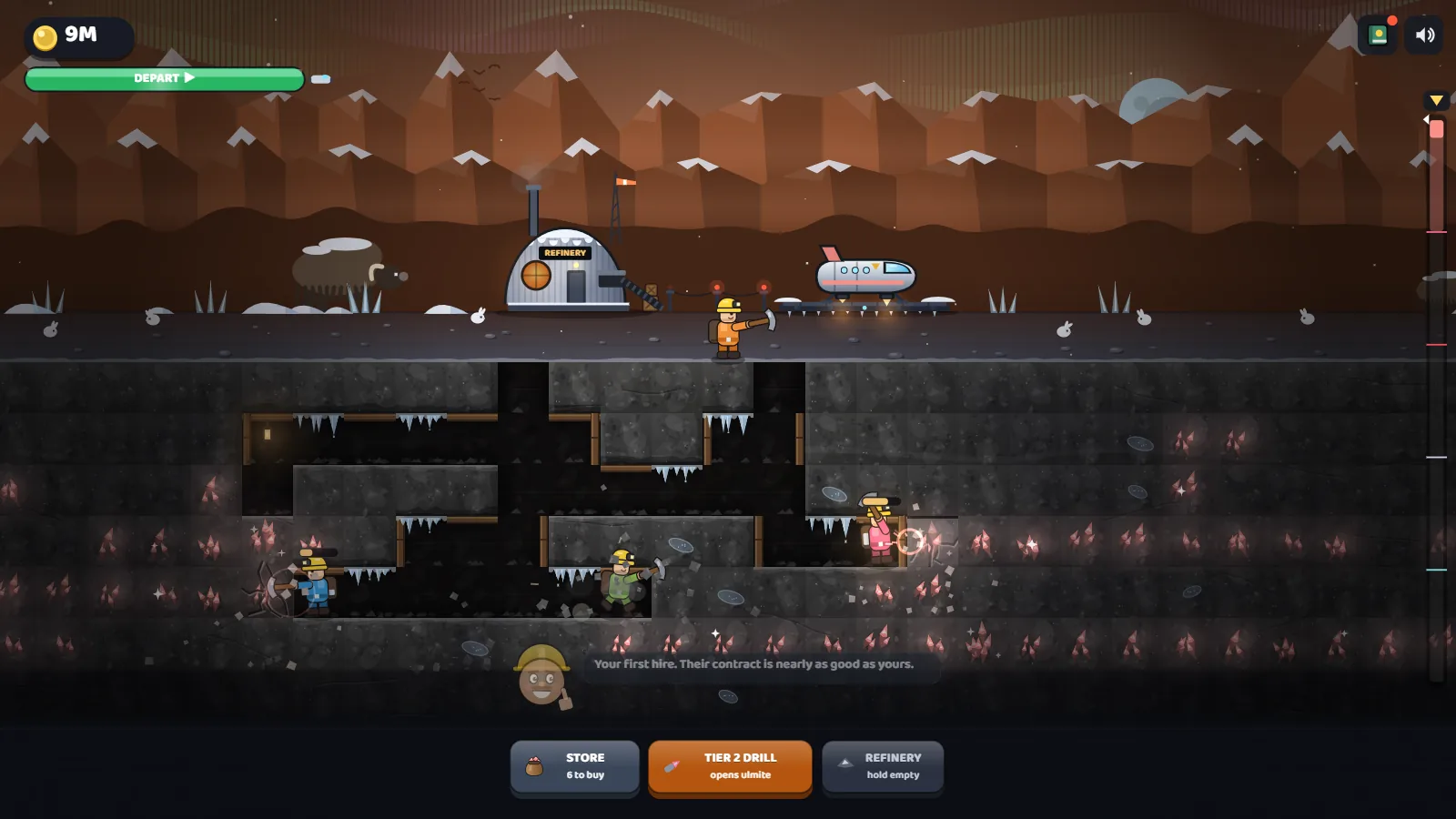 Three hired miners working a frozen planet's pink crystal seam, below the refinery and the landing ship.