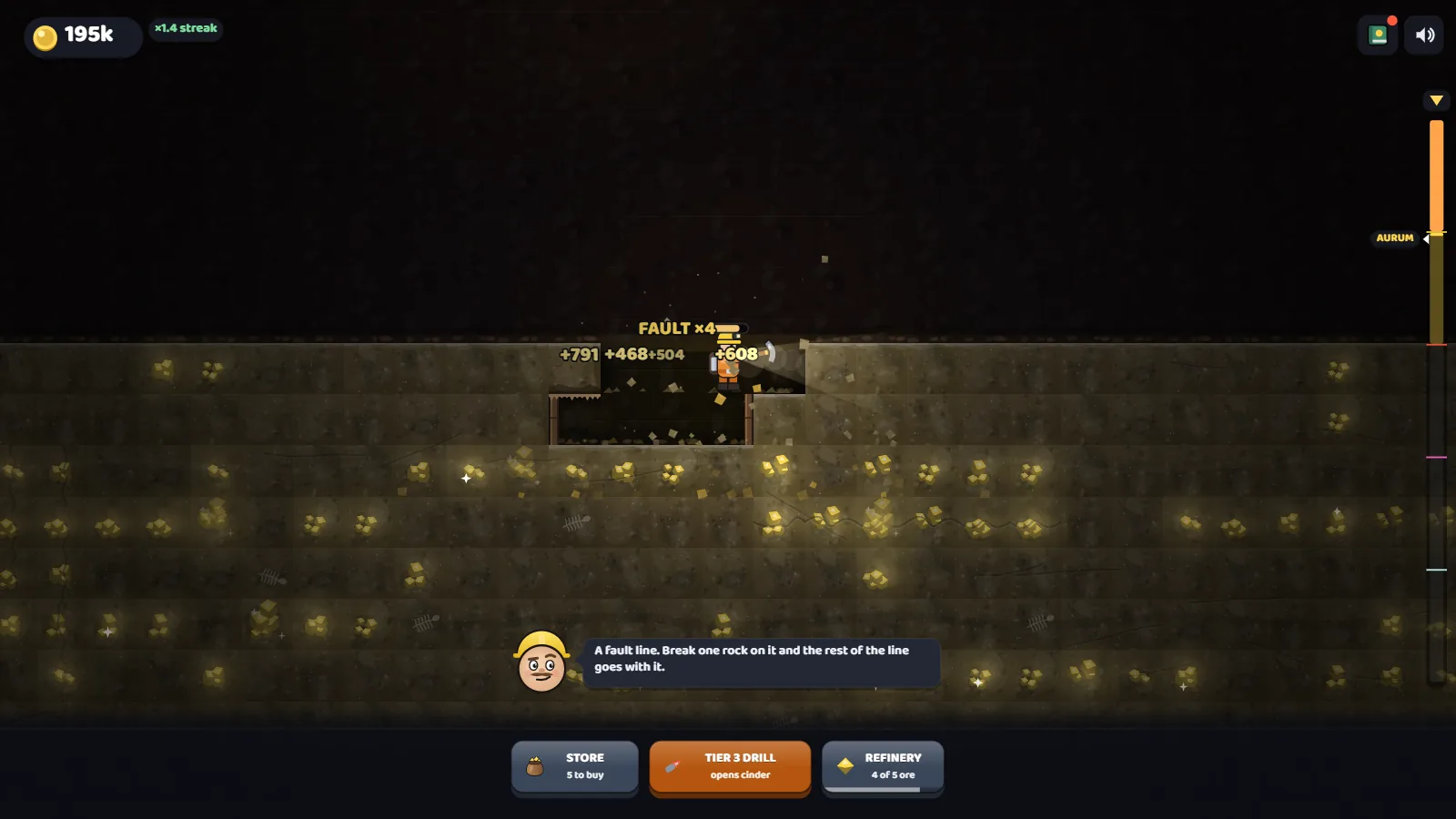 A fault line breaking four rocks at once, with payouts popping up above the miner.