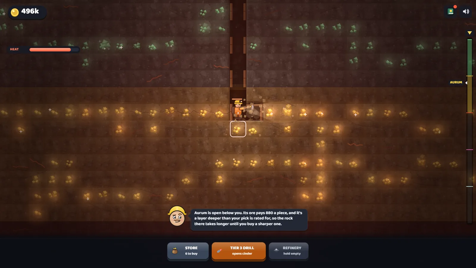 A miner's lamp lighting gold ore in a hot layer, with a heat meter on screen.