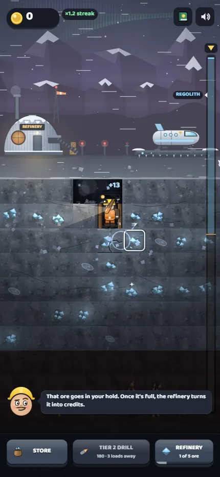 Descent Inc. on a phone: a miner digging blue ore on an icy planet while the company mascot explains the refinery.