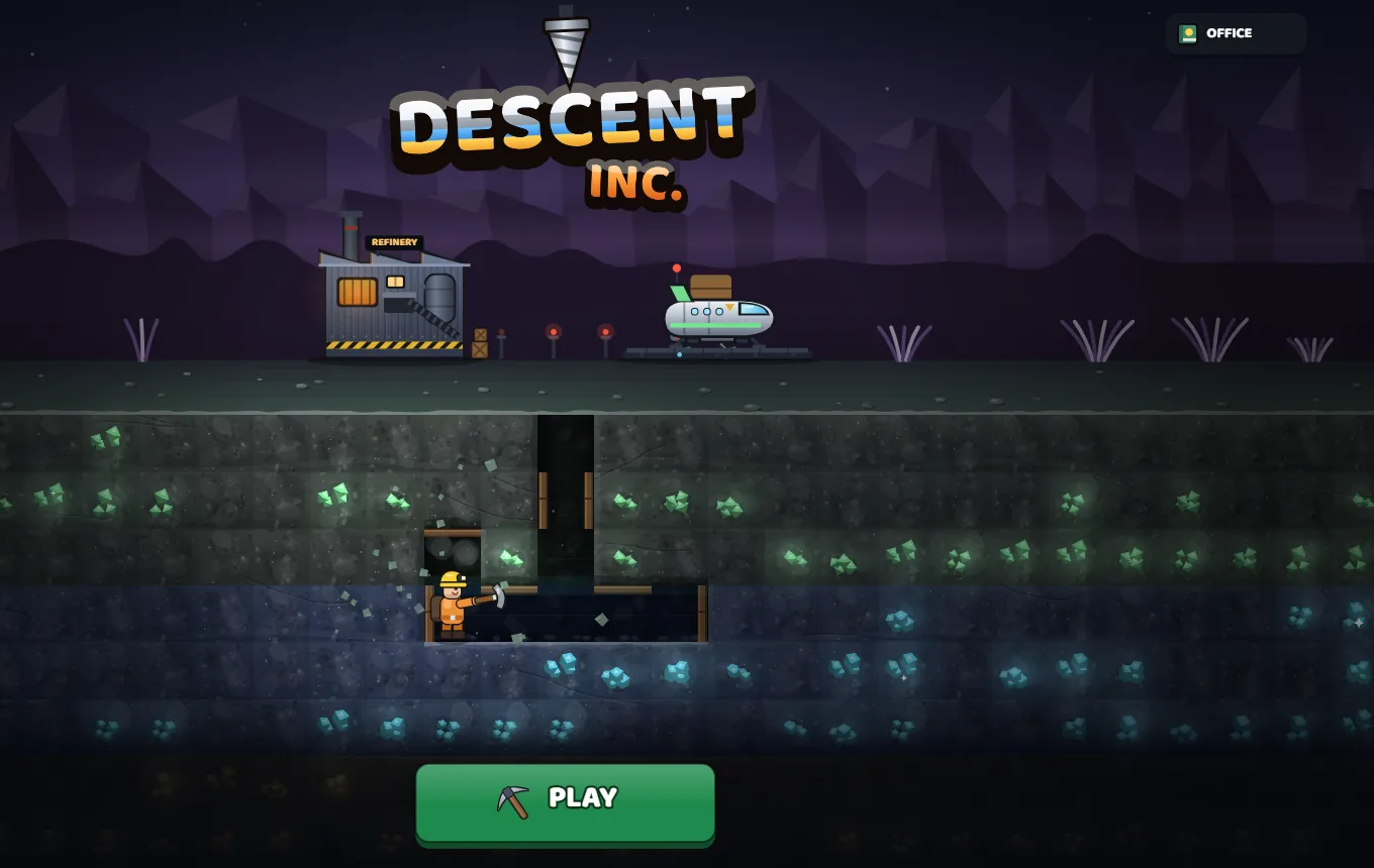 Descent Inc.'s title screen: a refinery and a landing ship on a purple planet, with green and blue ore bands cut away below.