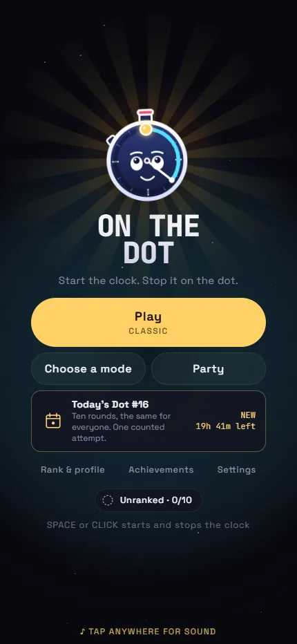 On The Dot's title screen on a phone, with the mascot and the Play button.
