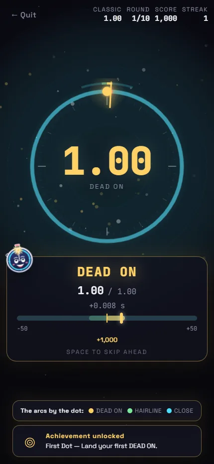 On The Dot on a phone, showing a DEAD ON result at 1.00 seconds.